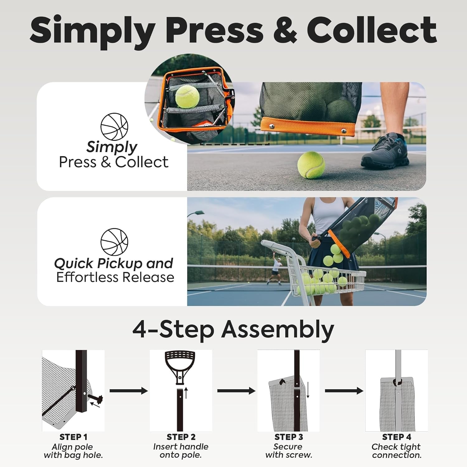 Effortless Tennis Ball Hopper & Picker Basket - Holds 50+ Tennis Balls or 40+ Pickleballs, Lightweight & Portable with Adjustable Handle for Easy Collection