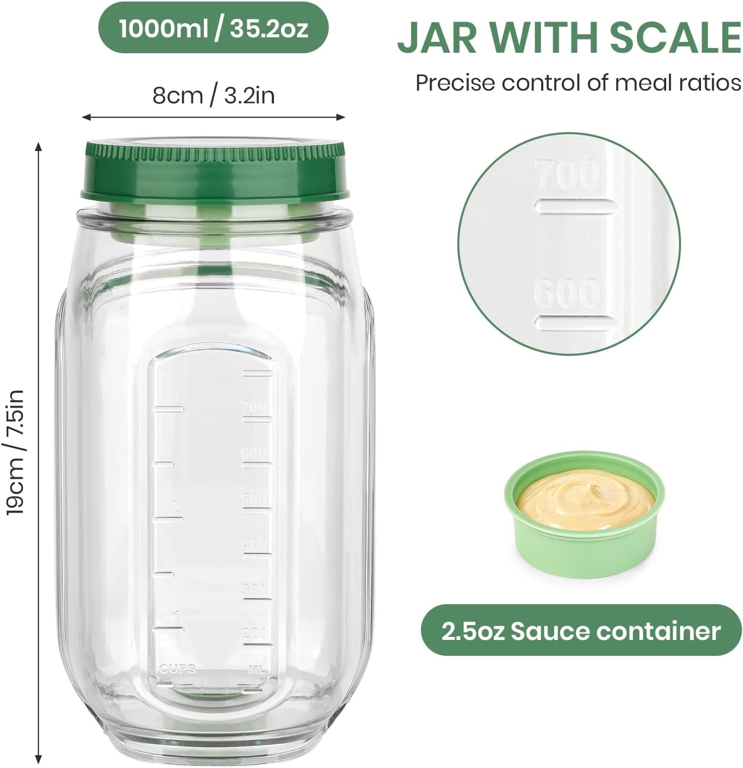 Salad Jar Pod, Leakproof Salad Jar Lunch Container with Side Opening (Green)