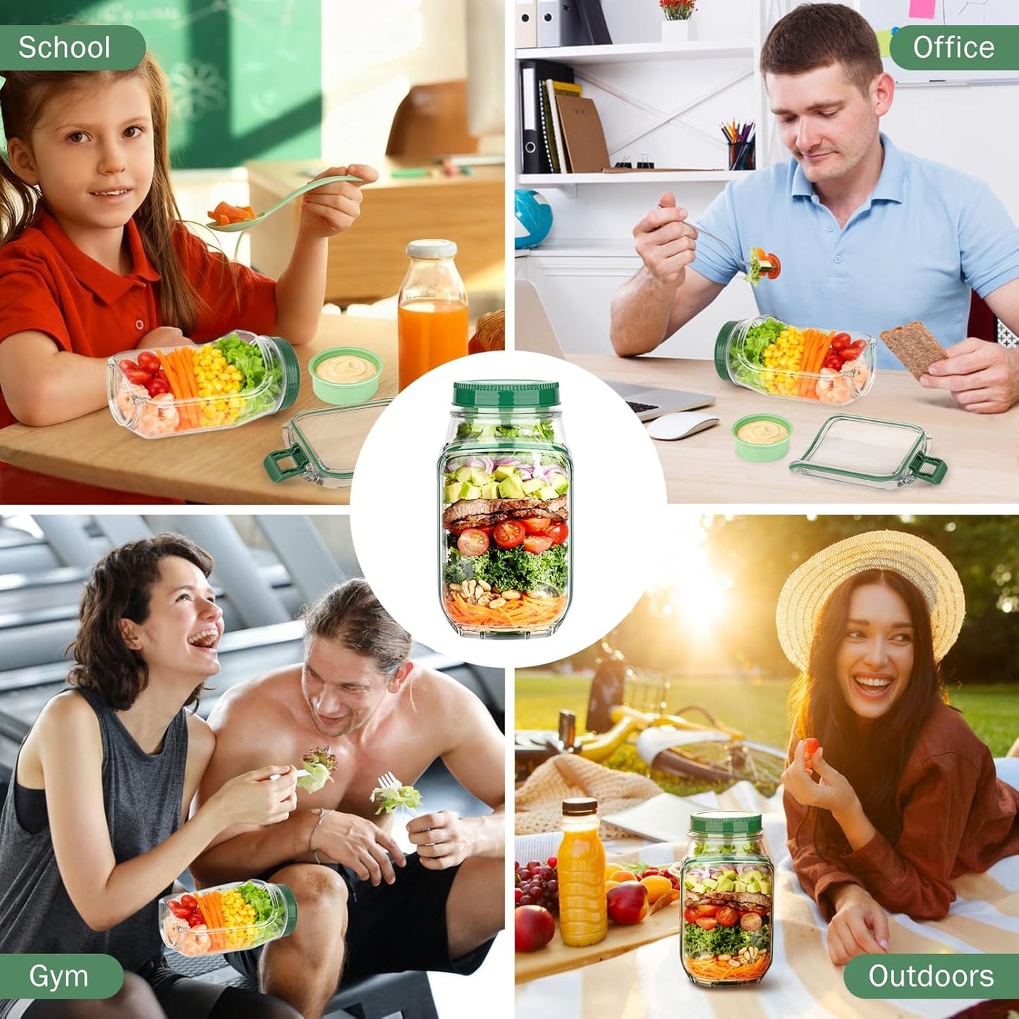 Salad Jar Pod, Leakproof Salad Jar Lunch Container with Side Opening (Green)