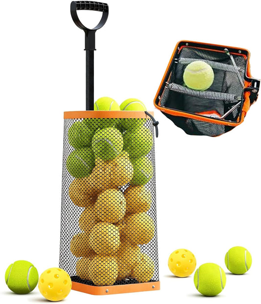 Effortless Tennis Ball Hopper & Picker Basket - Holds 50+ Tennis Balls or 40+ Pickleballs, Lightweight & Portable with Adjustable Handle for Easy Collection