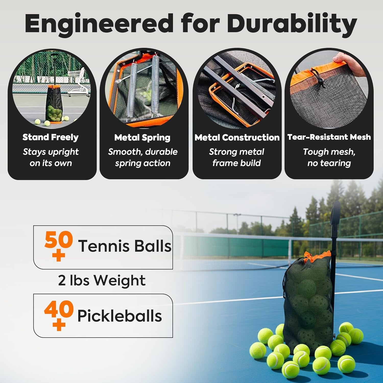 Effortless Tennis Ball Hopper & Picker Basket - Holds 50+ Tennis Balls or 40+ Pickleballs, Lightweight & Portable with Adjustable Handle for Easy Collection