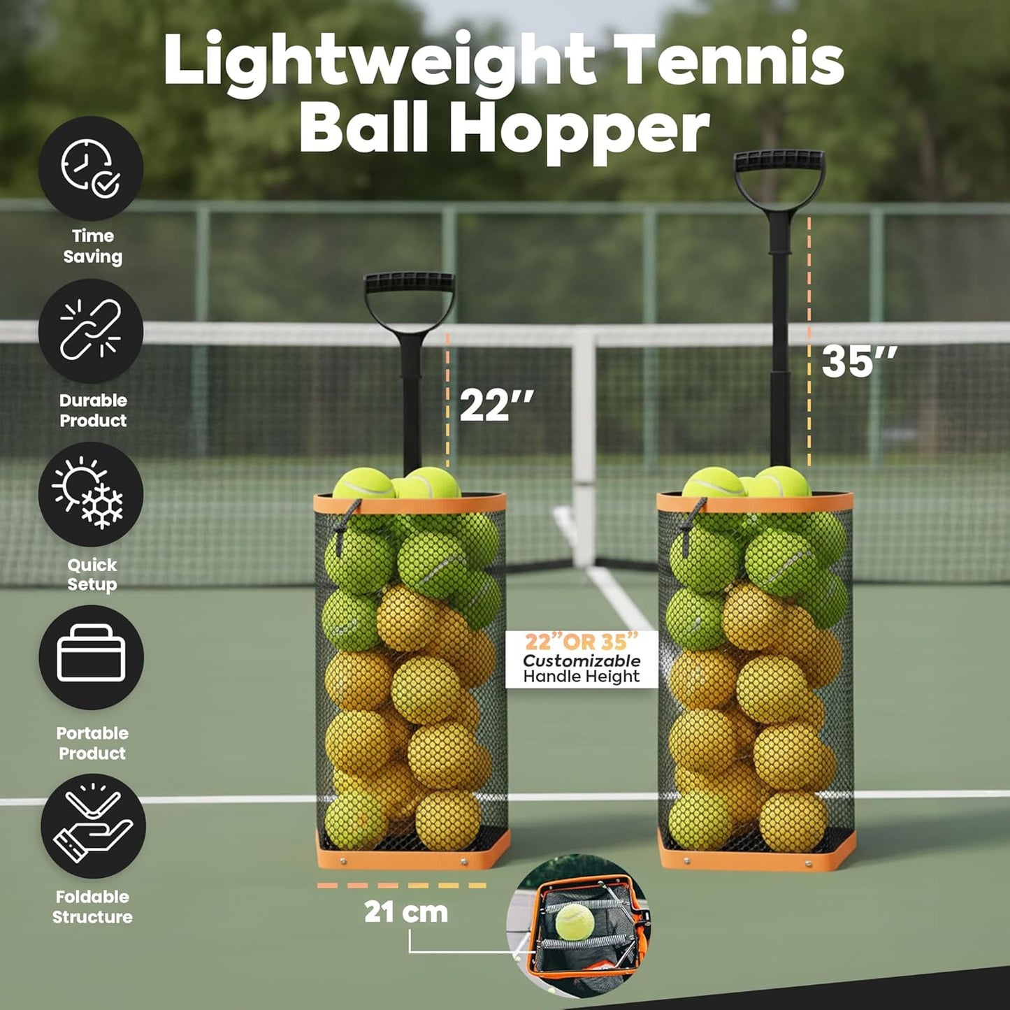 Effortless Tennis Ball Hopper & Picker Basket - Holds 50+ Tennis Balls or 40+ Pickleballs, Lightweight & Portable with Adjustable Handle for Easy Collection