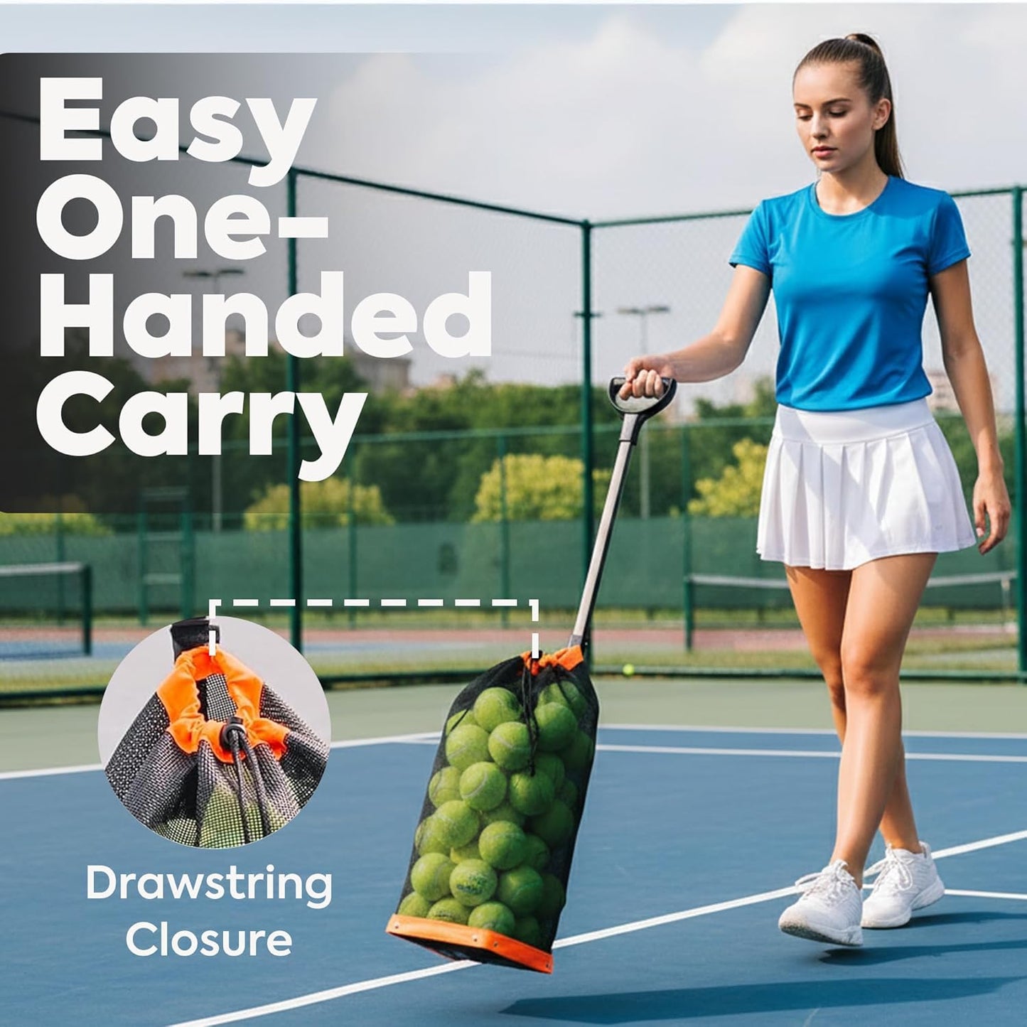 Effortless Tennis Ball Hopper & Picker Basket - Holds 50+ Tennis Balls or 40+ Pickleballs, Lightweight & Portable with Adjustable Handle for Easy Collection